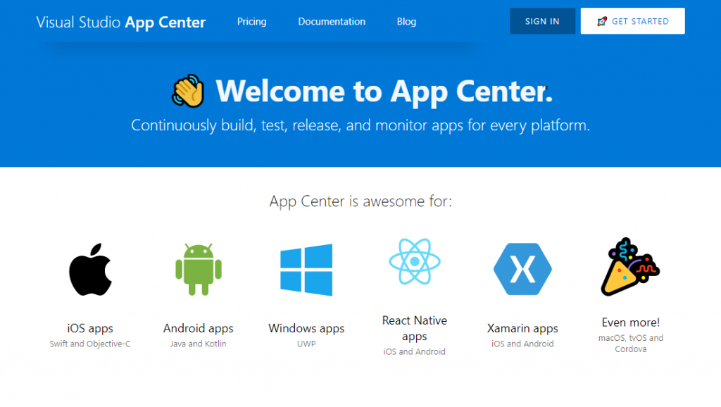 Visual Studio App Center page
