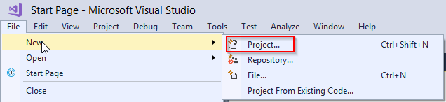 New Project Page - Visual Studio