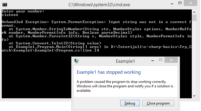 Unhandled exception - Handling Exceptions in C#