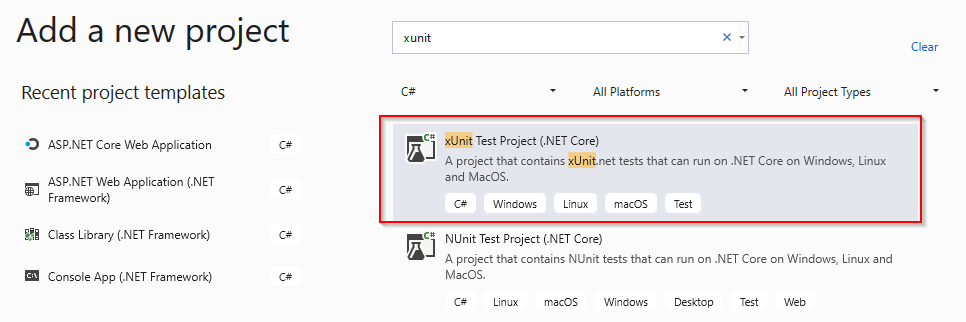 xUnit project - unit testing with .NET Core