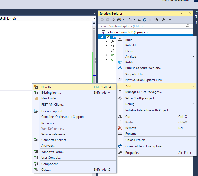 new item in Visual Studio - Classes and Constructors in C#