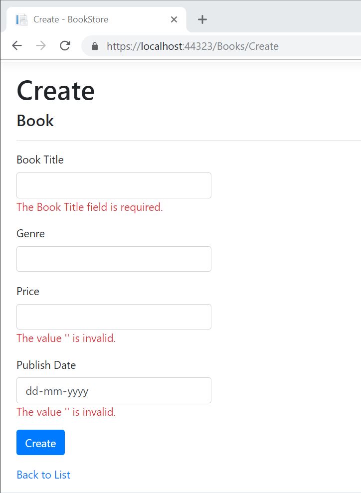 Book create page with validation errors
