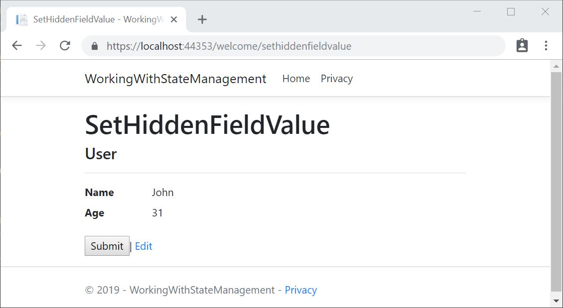 page with hidden field value