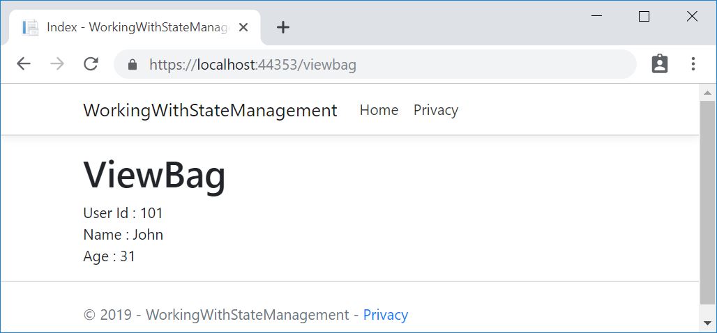 page with viewbag - State Management in ASP.NET Core MVC