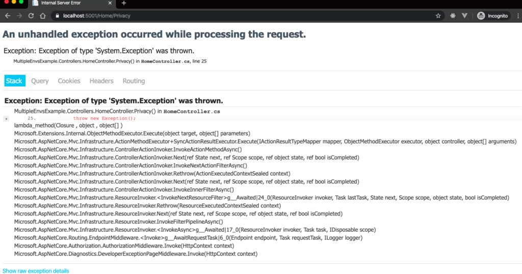 Error page with debugging information - ASP.NET Core Environments