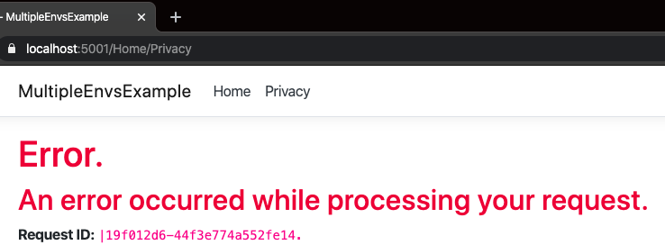 Home/Privacy: Error: An error has occurred while processing your request. - ASP.NET Core Environments