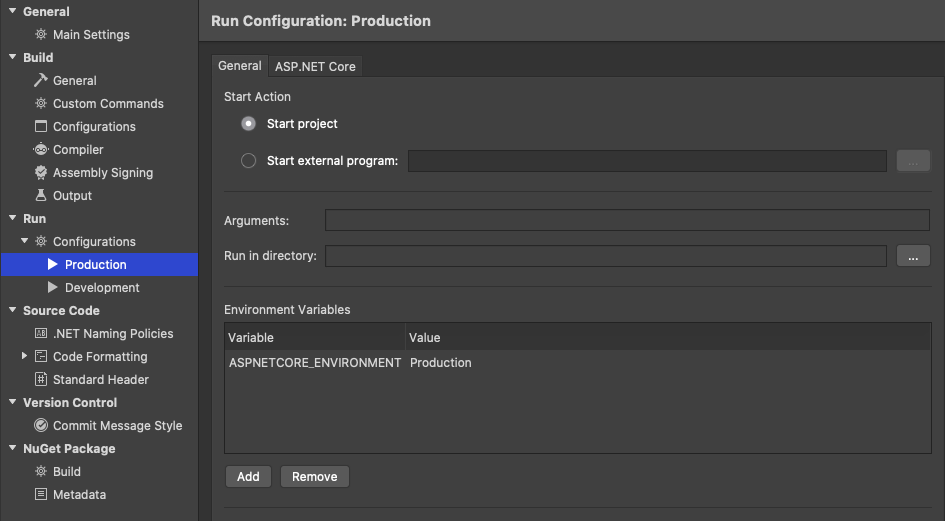 Run > Configuration > Production > Environment Variables - ASP.NET Core Environments