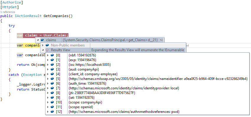 Inspecting User Claims ResourceOwnerPassword flow