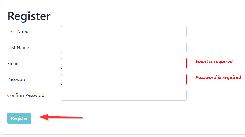 UserRegistration with Angular - Registration Page client errors