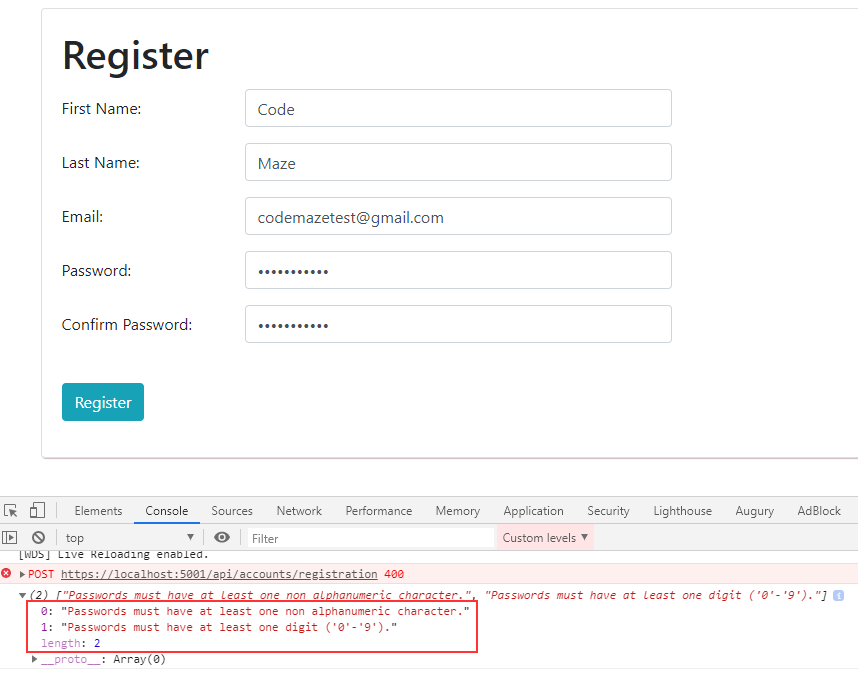 User Registration with Angular Identity server errors