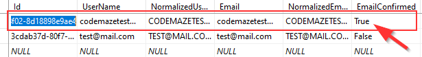  Email confirmed column set to true in the database