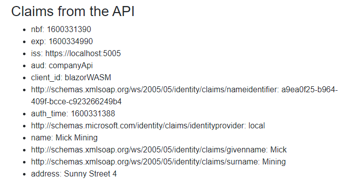 Claims from the API after protecting the API endpoint with the Role
