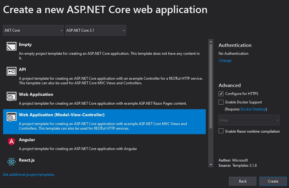 Creating a new ASP.NET Core MVC application