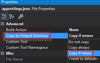 appsettings copy to output directory option