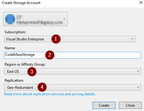 create storage account dialog