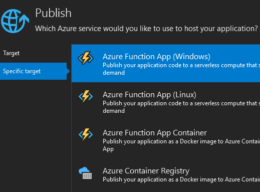 Azure Function Apps select specific target during publish
