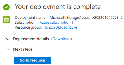 Deployment complete for azure storage account
