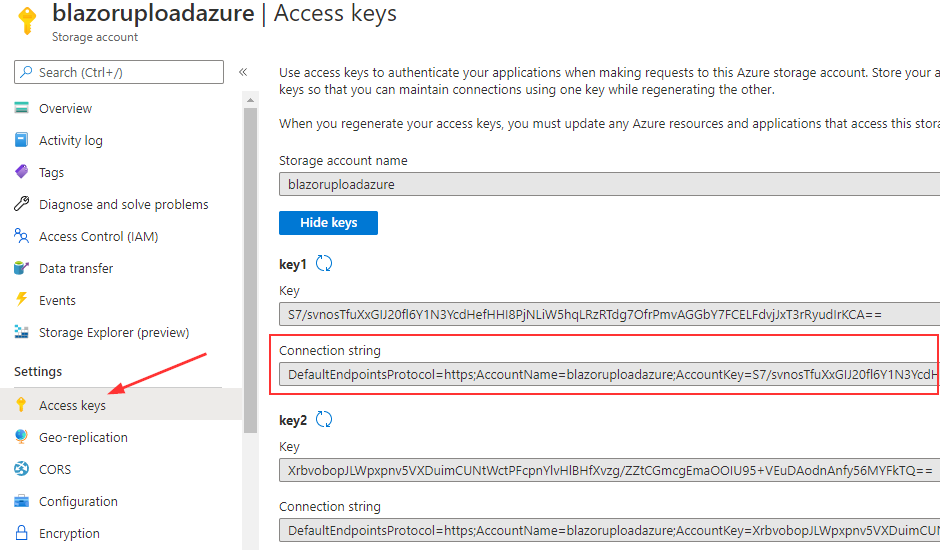 Access keys connection string for Azure storage