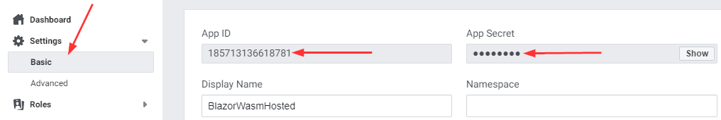 Settings with Id and Secret for Facebook Authentication