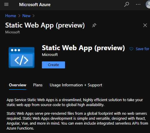 Create Static Web App from Portal