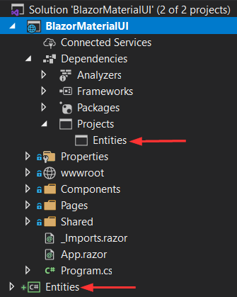Adding Entities project to our client app solution to support Blazor Material Table creation