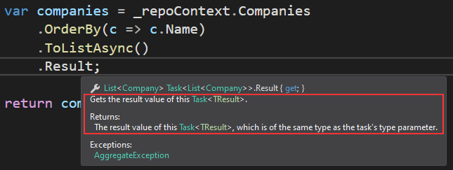 Using Result property instead of async and await in the asynchronous method