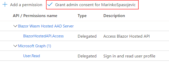 Granting admin consent for the permissions