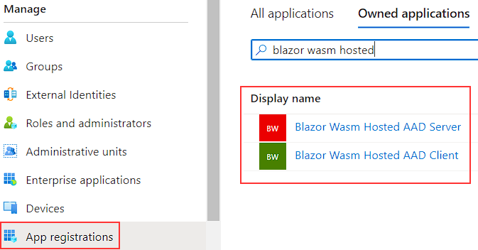 Blazor Wasm Hosted Apps in App registrations menu