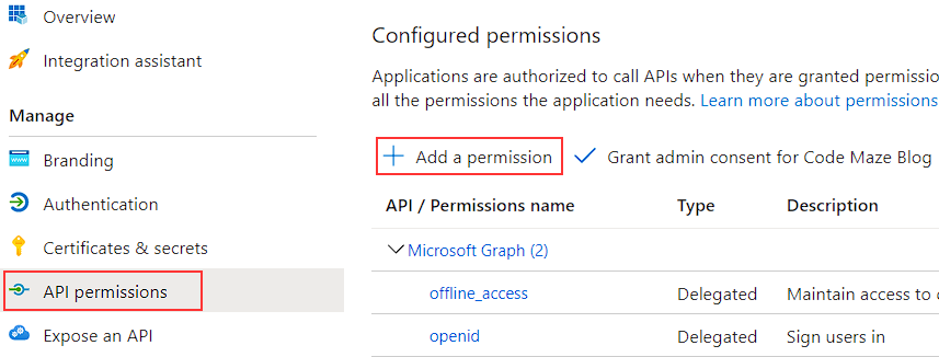 API permissions page