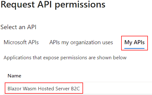 Server app selection in the Request API permissions window