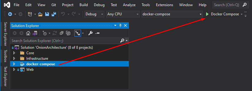Visual Studio with docker-compose as startup project.