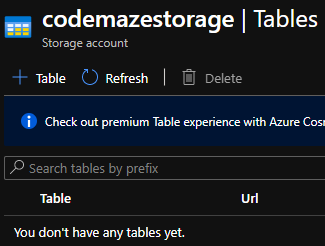azure table storage tables seection