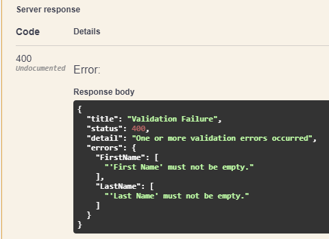 Swagger interface showing PUT method error response.