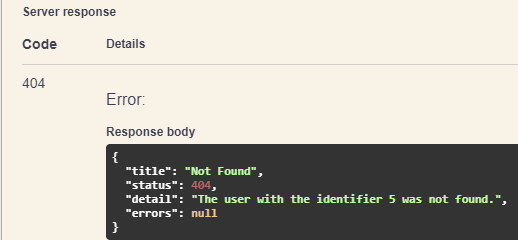 Swagger interface showing PUT method and response when user is not found.