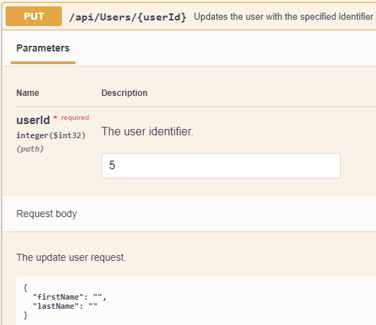 Swagger interface showing PUT method to update users resource.