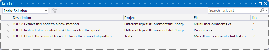 Visual Studio TODO List Window