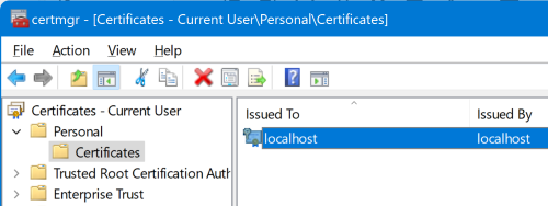 Localhost certificate in Certificate Manager application