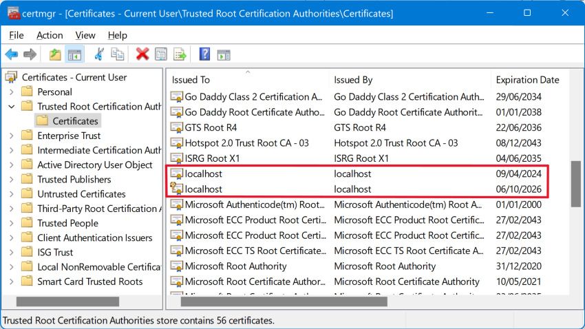 Certificate manager with more than 1 localhost row