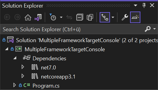 Visual Studio project file showing multiple target frameworks in dependencies