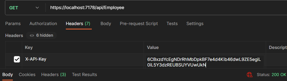 Postman Result showing the API request and response.