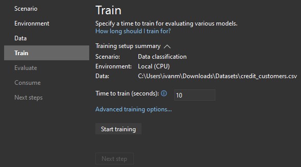 ML.NET Model Builder - model training