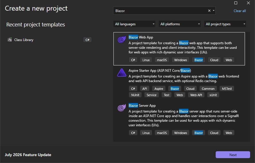 Visual Studio Create a new project dialog showing the current unified Blazor Web App template