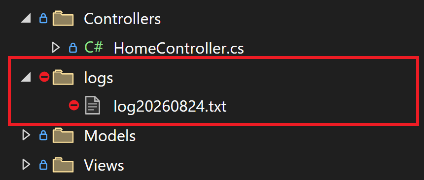 Solution Explorer showing the logs folder Serilog created at the project root, containing log20260824.txt